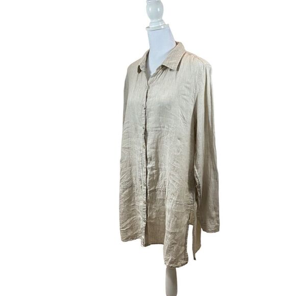 Tahari Ivory Linen Button Up Side Slit Long Sleeve Tunic Top Size Medium - Picture 2 of 9